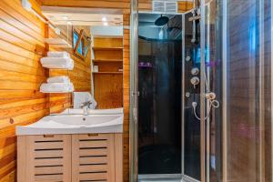 a bathroom with a sink and a shower at La maisonnette en bois in Saumos +17 photos