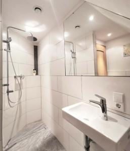 a white bathroom with a sink and a shower at Apartment Blackforest-Schluchsee in Schluchsee +7 photos