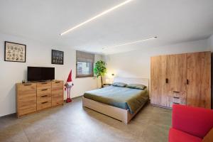 a bedroom with a bed and a flat screen tv at La Pièce de Leo in Châtillon
