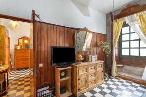 a living room with a television on a wooden wall at Casa Rústica San Francisco 1 in Telde