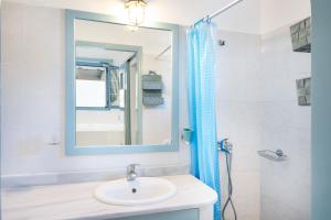 a bathroom with a sink and a mirror and a shower at Beachfront Lampis Dolphin 1 in Skala