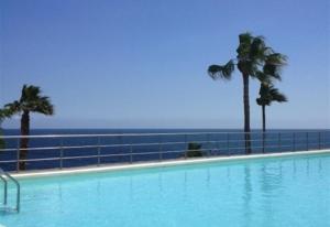 a swimming pool with palm trees and the ocean in the background at Nueva Baviera 42 in San Bartolomé