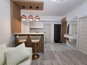 a kitchen and living room with a couch and a bar at Apartament DeLux cu Jacuzzi Caciulata in Căciulata