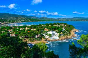 an aerial view of a small island in the water at Petit Paradis à Cavalaire in Cavalaire-sur-Mer