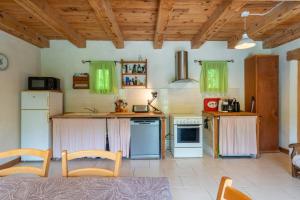a large kitchen with wooden ceilings and green curtains at La Petite Palasse in Le Thor
