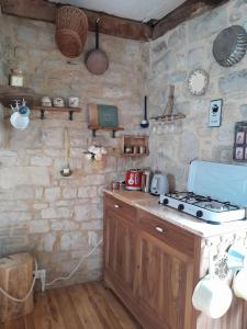 a kitchen with a stove and a stone wall at La Petite Authentique in Gaillac-dʼAveyron +26 photos