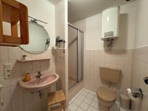 a bathroom with a sink and a toilet and a mirror at Fewo Hanna Tedsen in Pellworm +28 photos