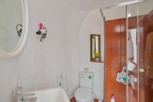 a bathroom with a toilet and a sink and a shower at Finca Cuevas La Solana in Gáldar +48 photos