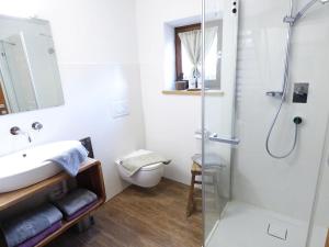 a bathroom with a shower and a sink and a toilet at Bergchalet h e i m a t in San Martino