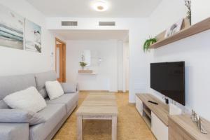 a living room with a gray couch and a flat screen tv at Vivienda maiva in Alhama de Murcia