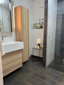 a bathroom with a sink and a shower at 180qm Penthouse mit Sonnenterrasse in Rostock