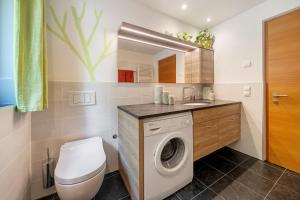 a bathroom with a washing machine and a sink at Waldheim in Verano +18 photos