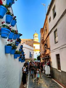 a group of people walking down a street with potted plants at Apartamento Centro de Marbella in Marbella