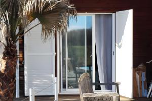 a chair and a palm tree in front of a sliding glass door at Le Gite De La Colline in Nérac