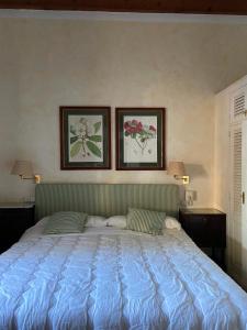 a bedroom with a blue bed with two pictures on the wall at Casa vacacional Es Port in Portocolom