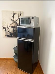 a microwave sitting on top of a refrigerator at Ferienwohnung Auszeit in Bad Bertrich
