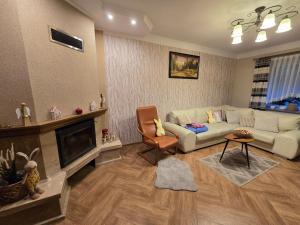 a living room with a couch and a fireplace at Dom wypoczynkowy Radomno in Radomno