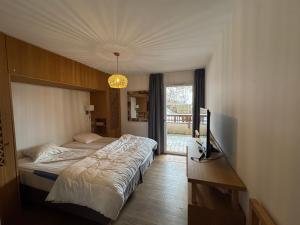 a bedroom with a bed and a television in it at Loges blanches b101 Roca immobilier in Châtel