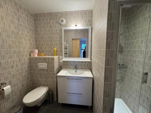 a bathroom with a sink and a toilet and a mirror at Loges blanches b101 Roca immobilier in Châtel