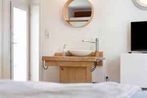 a bathroom with a sink and a mirror at Tiny House zum See in Uhldingen-Mühlhofen