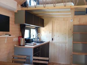 a kitchen in a tiny house with wooden walls at Casa do Cipreste by Tiny Away in São Teotónio +5 photos