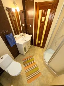 a bathroom with a toilet and a sink and a shower at 1 Double Budget Room Center Park in Chişinău