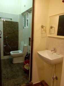 a bathroom with a sink and a toilet and a shower at Adb's Arangan Kudil Homes in Tiruchirappalli