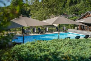 a swimming pool with two umbrellas and chairs at Hotel Le Charme de la Semois in Alle