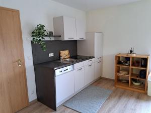 a kitchen with white cabinets and a sink and a plant at Ferienwohnung Abendsonne in Nagel