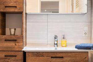 a bathroom sink with a bottle of soap on it at Ferienwohnung Leuchtturm in Osterbruch +20 photos
