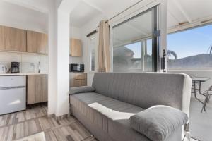 a living room with a couch and a kitchen at Villa Dionysia Studio S3 in Alikanas