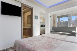 a bedroom with a bed and a flat screen tv at Villa Dionysia Studio S3 in Alikanas