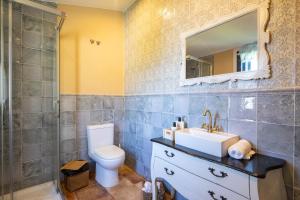 a bathroom with a toilet and a sink and a mirror at Apartamento La Calleja in Arzúa +18 photos
