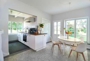 a white kitchen with a table and a table and chairs at Große Atelierwohnung Barrierefrei in Meezen