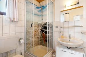 a bathroom with a shower and a sink at Ferienhaus Landhaus Loose in Schashagen +15 photos