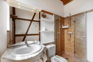 a bathroom with a sink and a shower and a toilet at Starenhof Ferienhaus in Schlagsdorf +32 photos
