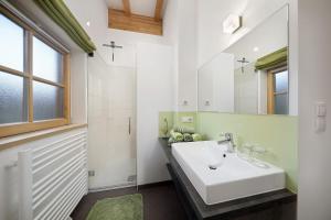 a bathroom with a white sink and a mirror at Feldhof Apartment Apfeloase in Caines +18 photos