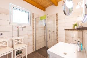 a bathroom with a shower and a sink at Teufelsmauer-Blick in Thale