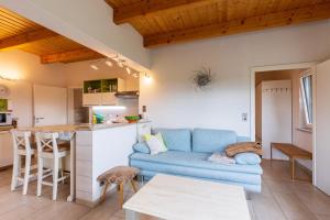 a living room and kitchen with a blue couch and a table at Teufelsmauer-Blick in Thale +16 photos