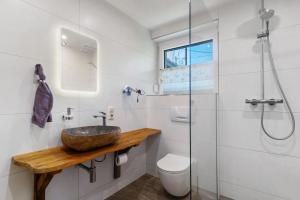a bathroom with a sink and a toilet and a shower at Müllerleile Hof in Haslach im Kinzigtal +45 photos