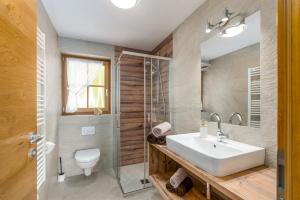 a bathroom with a sink and a toilet and a shower at Tratterhof Apt Eidechsspitze in Vandoies