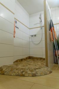 a bathroom with a shower with a stone floor at Collenberger Ferienwohnung Schäfer in Collenberg +10 photos