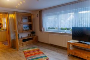 a living room with a television and a window at Collenberger Ferienwohnung Schäfer in Collenberg