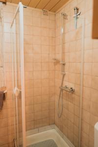 a bathroom with a shower with a tub and a sink at Ferienwohnungen Bullau - 2 in Erbach