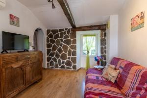 a living room with a couch and a tv at Les Gîtes du Mas Lachamp in Gravières