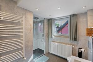 a bathroom with a walk in shower and a window at Ferienhaus Ludava in Hofmarksgasse +21 photos