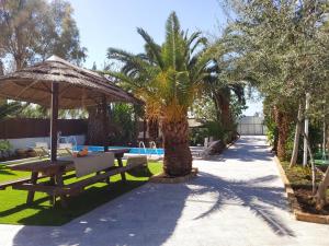 a patio with a table and umbrella and a palm tree at Villa Tore in Quartu SantʼElena