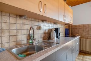 a kitchen with a stainless steel sink and white cabinets at Regalterhof Eppan in San Paolo +69 photos