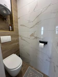 a bathroom with a toilet and a marble wall at Sweethome Riscani in Chişinău
