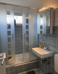 a bathroom with a shower and a sink at Ferienwohnungen Felix und Jan in Horumersiel +46 photos
